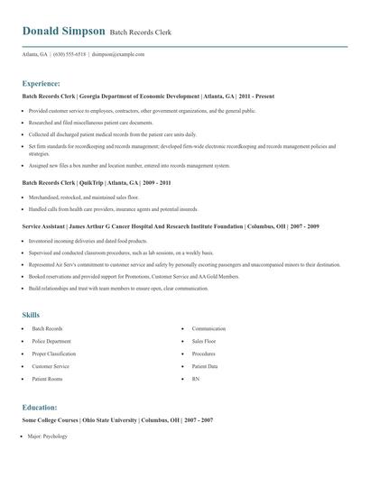 Batch Records Clerk Resume