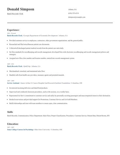 Batch Records Clerk Resume
