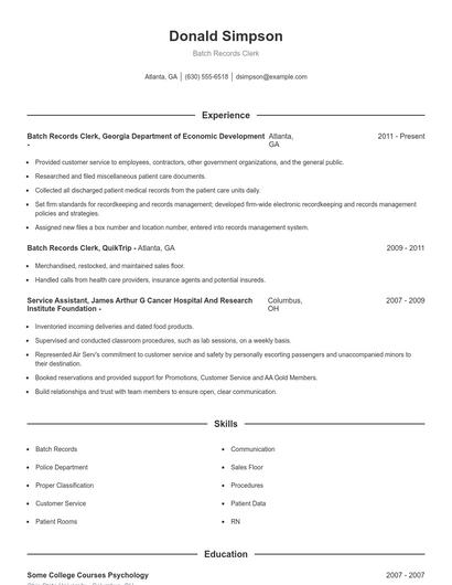 Batch Records Clerk Resume