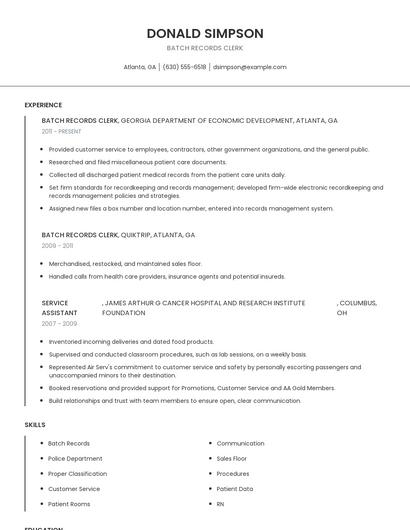 Batch Records Clerk Resume