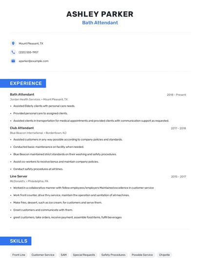 Bath Attendant Resume