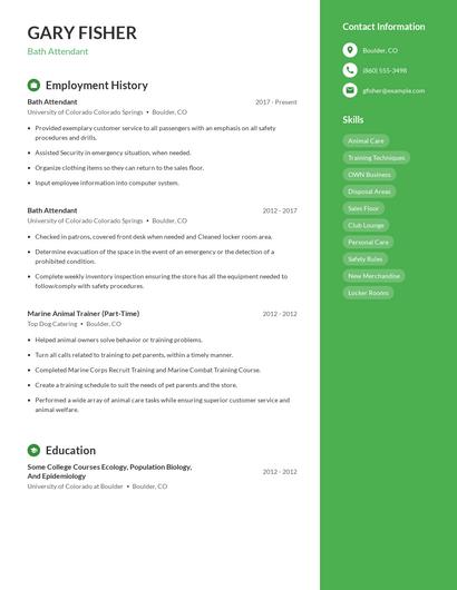 Bath Attendant Resume