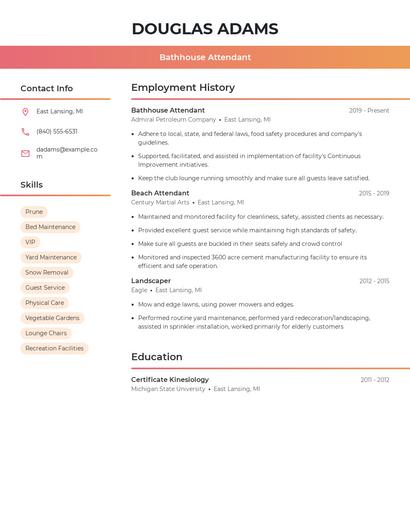 Bathhouse Attendant Resume