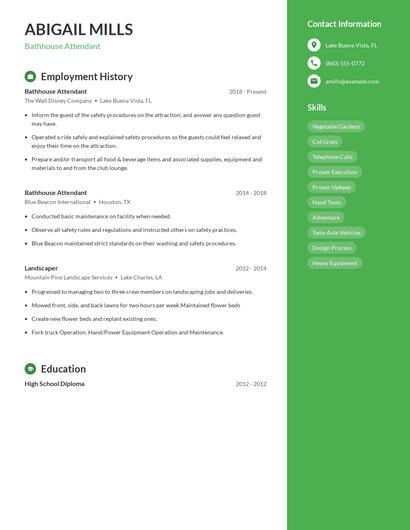 Bathhouse Attendant Resume
