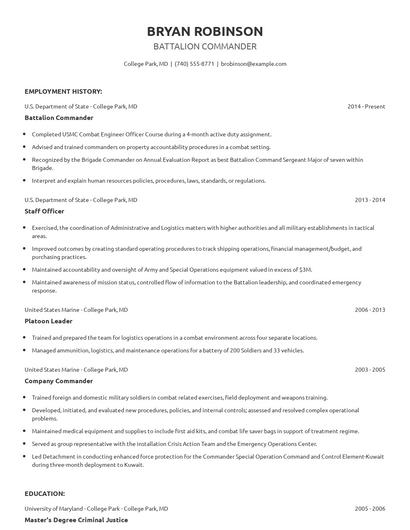Battalion Commander Resume
