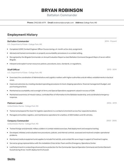 Battalion Commander Resume