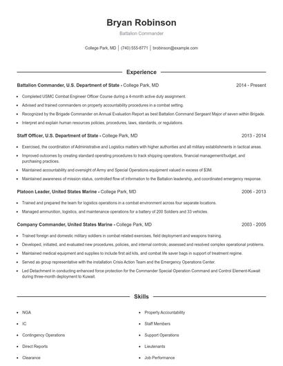 Battalion Commander Resume