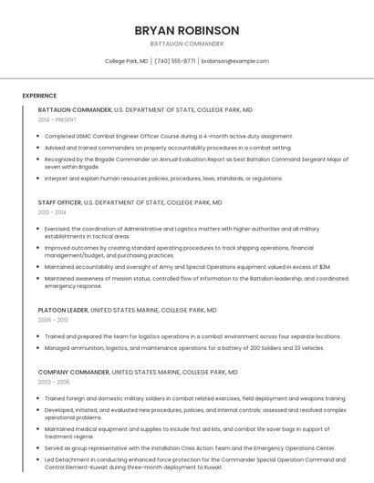 Battalion Commander Resume