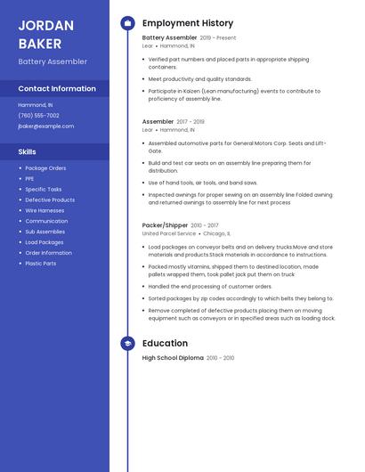 Battery Assembler Resume