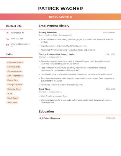 Battery Assembler Resume