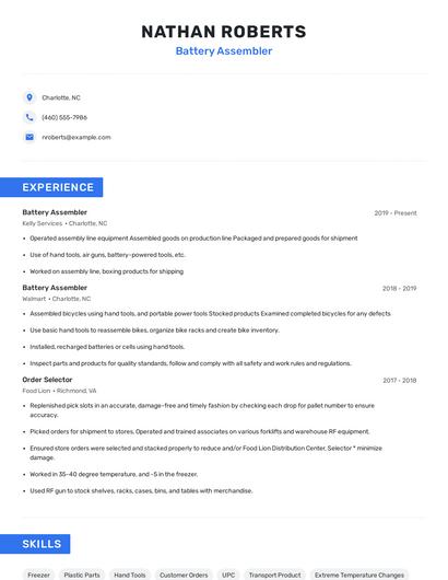 Battery Assembler Resume