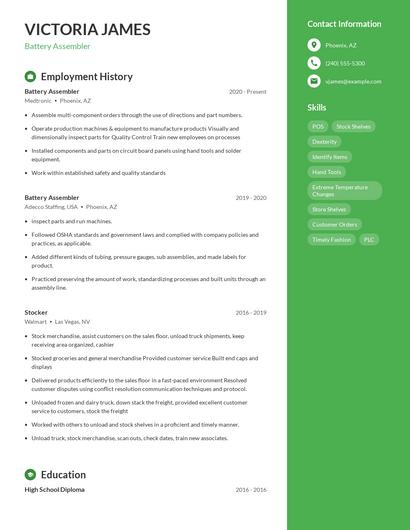 Battery Assembler Resume