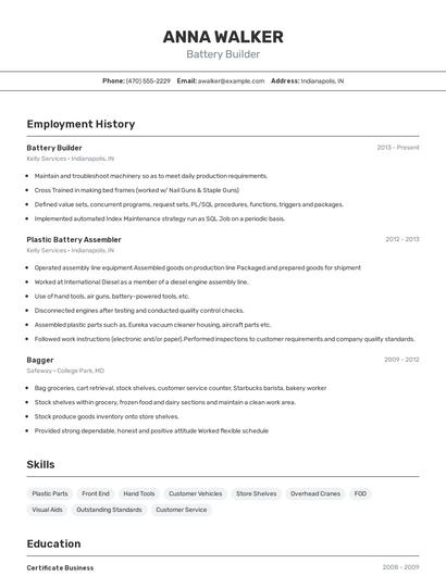 Battery Builder Resume