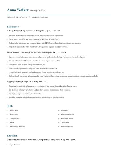 Battery Builder Resume