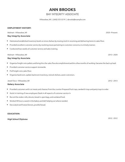 Bay Integrity Associate Resume
