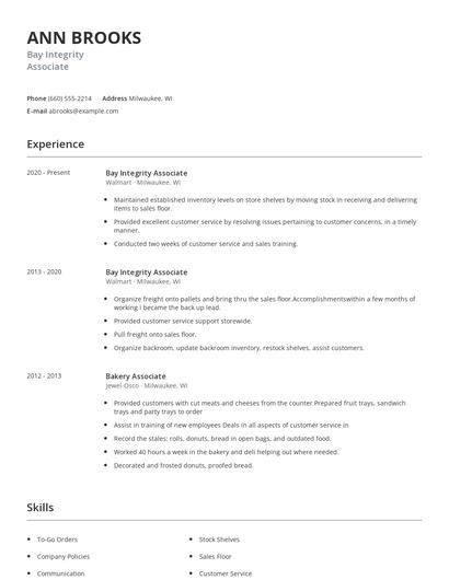 Bay Integrity Associate Resume