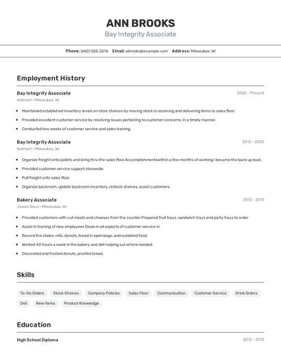 Bay Integrity Associate Resume