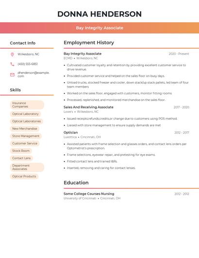 Bay Integrity Associate Resume