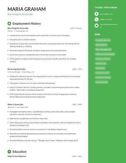 Bay Integrity Associate Resume