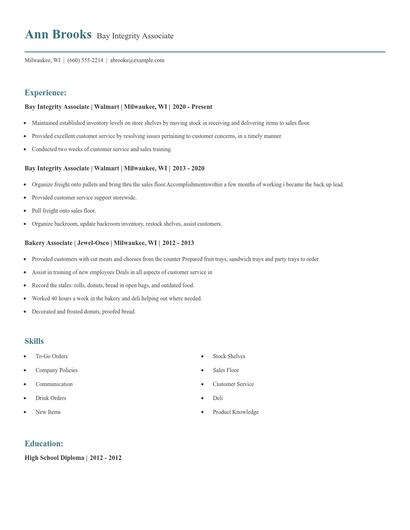 Bay Integrity Associate Resume