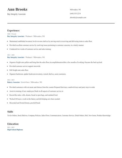 Bay Integrity Associate Resume
