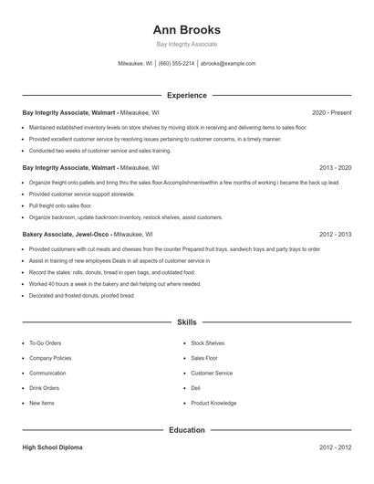 Bay Integrity Associate Resume