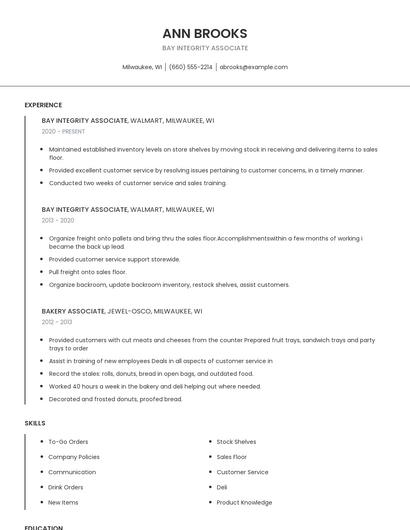 Bay Integrity Associate Resume