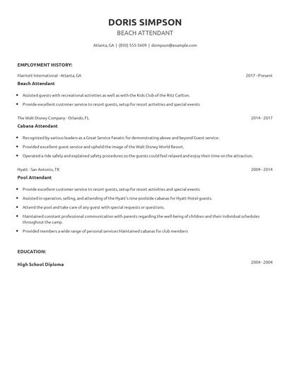 Beach Attendant Resume