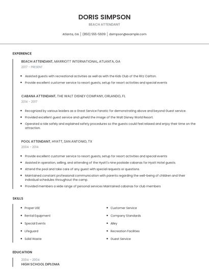 Beach Attendant Resume