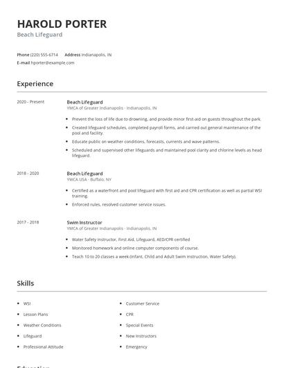 Beach Lifeguard Resume