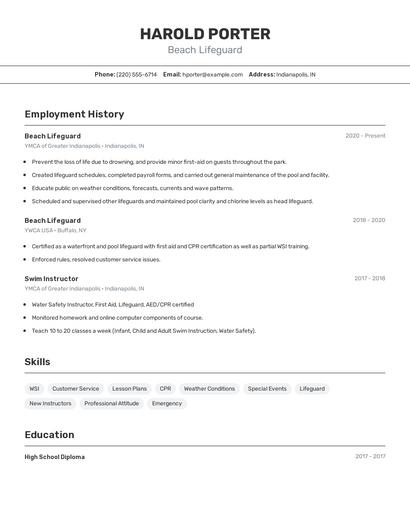 Beach Lifeguard Resume