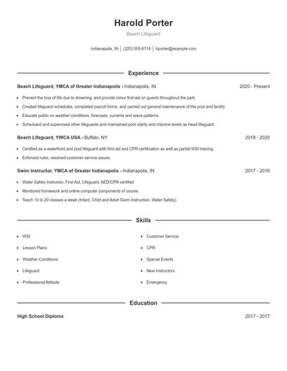Beach Lifeguard Resume