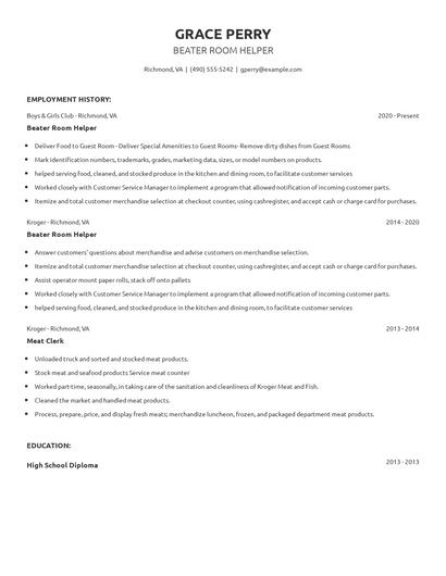Beater Room Helper Resume