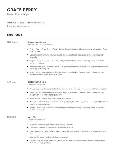 Beater Room Helper Resume