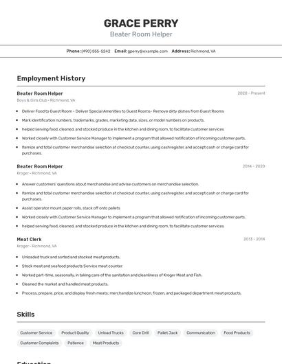 Beater Room Helper Resume