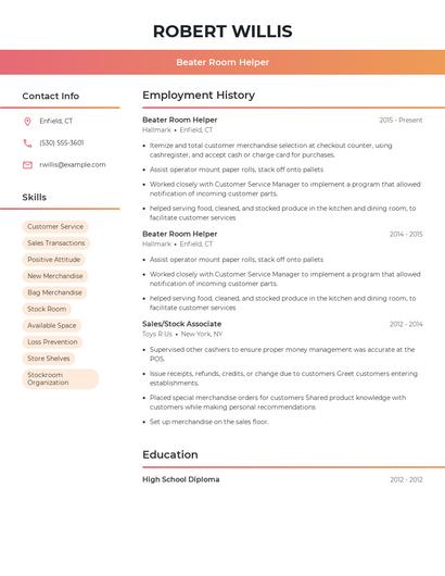 Beater Room Helper Resume