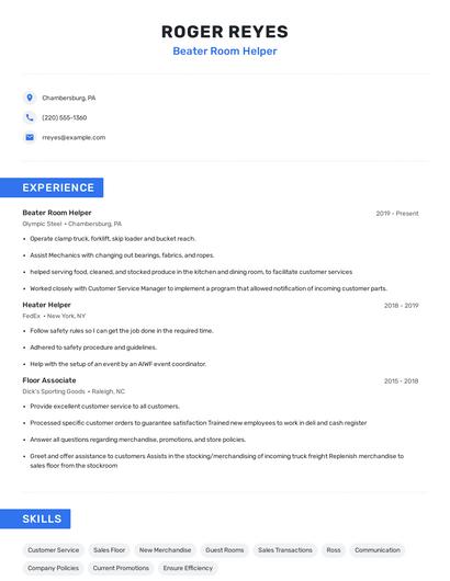 Beater Room Helper Resume