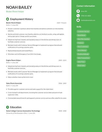 Beater Room Helper Resume