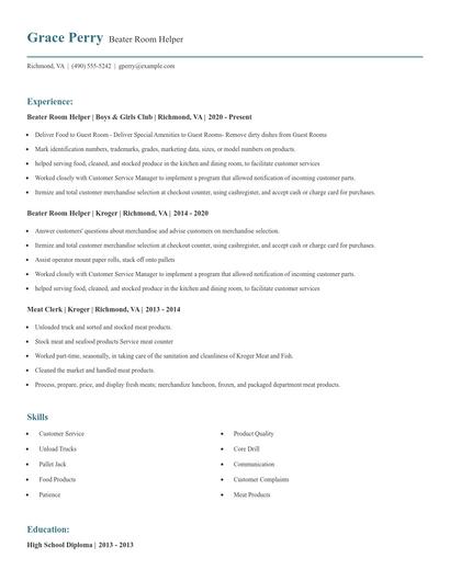 Beater Room Helper Resume