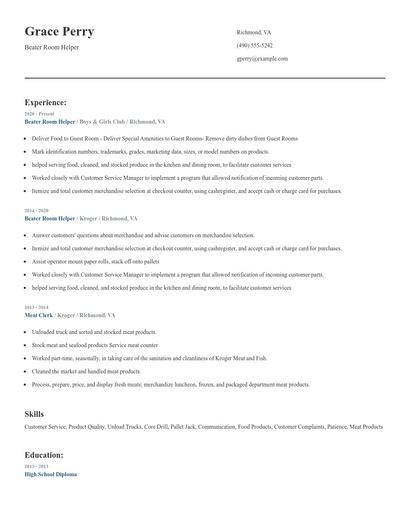 Beater Room Helper Resume