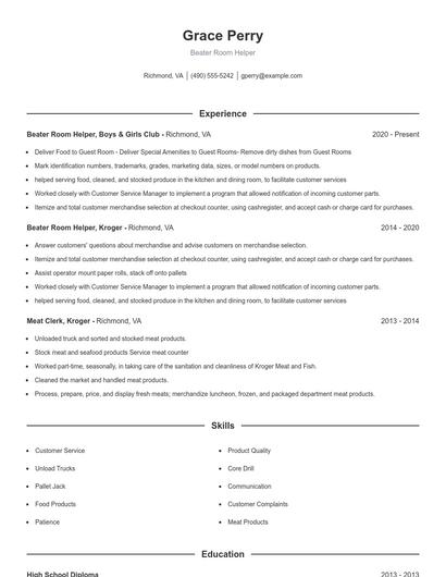Beater Room Helper Resume