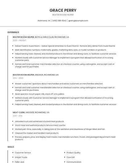 Beater Room Helper Resume