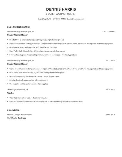 Beater Worker Helper Resume