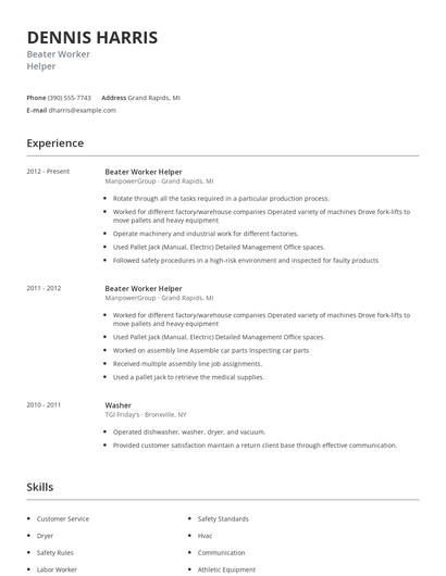 Beater Worker Helper Resume