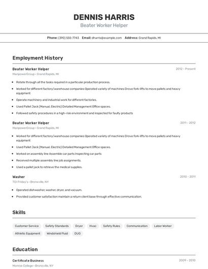 Beater Worker Helper Resume