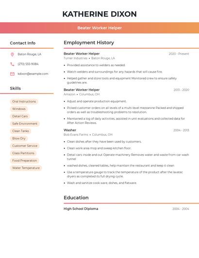 Beater Worker Helper Resume