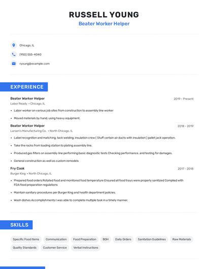 Beater Worker Helper Resume