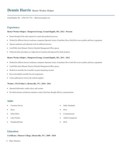 Beater Worker Helper Resume