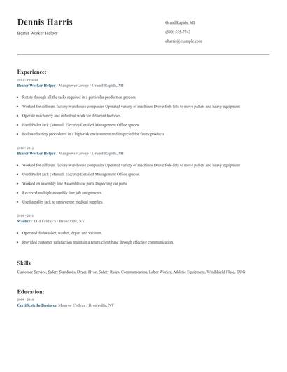 Beater Worker Helper Resume