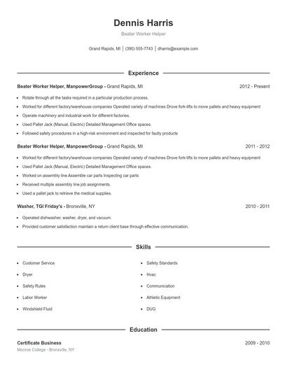 Beater Worker Helper Resume